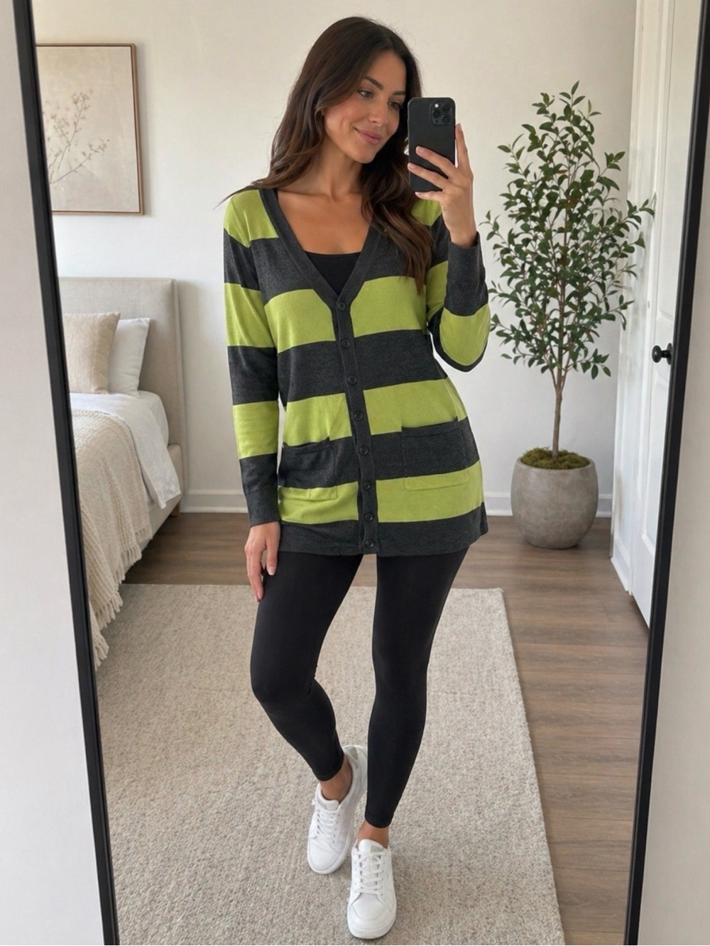 Sweet Romeo Green and Gray Striped Cardigan